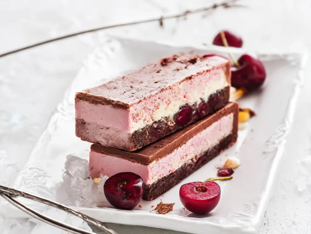 Top down view of a cherry and chocolate French parfait on a serving dish.