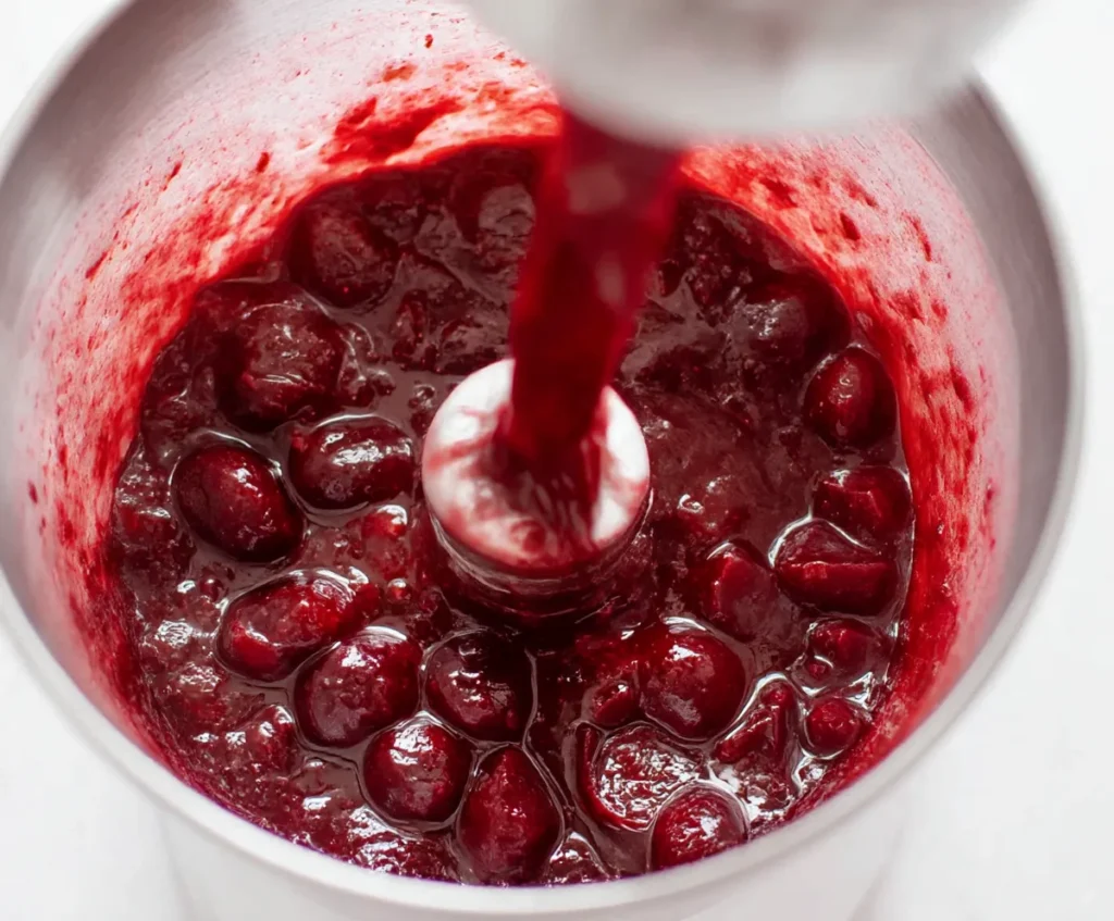 Blending the cherry sauce with an immersion blender.