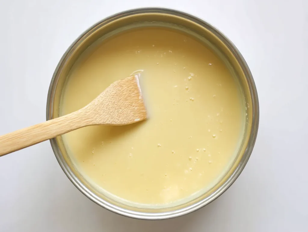 Showing the thickness of the custard on the back of a spoon.