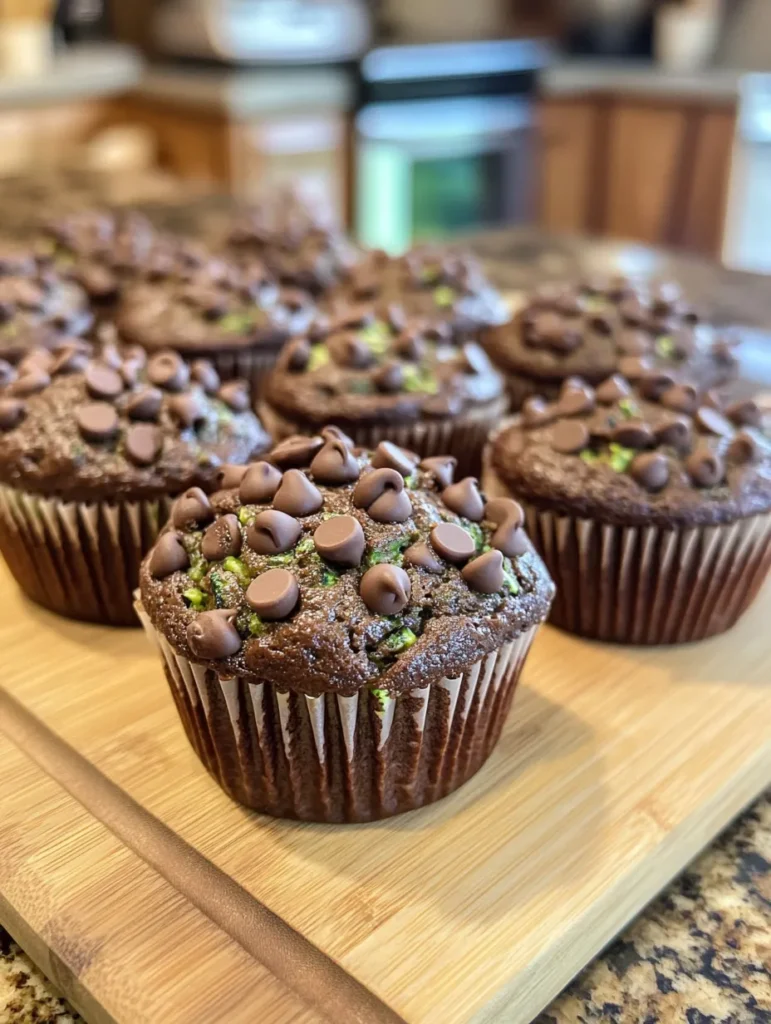 Stack of gluten-free chocolate zucchini muffins with one broken open showing moist interior