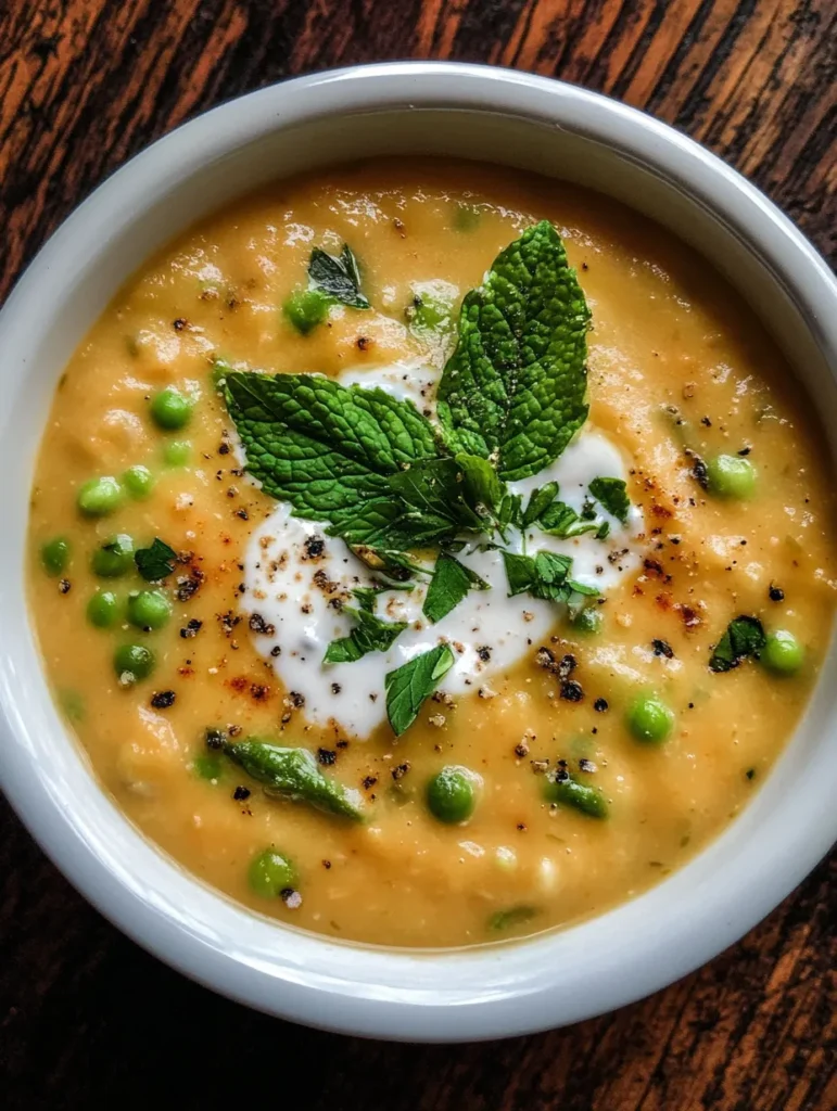 Bowl of green pea and asparagus soup with crème fraîche swirl and pumpkin seeds