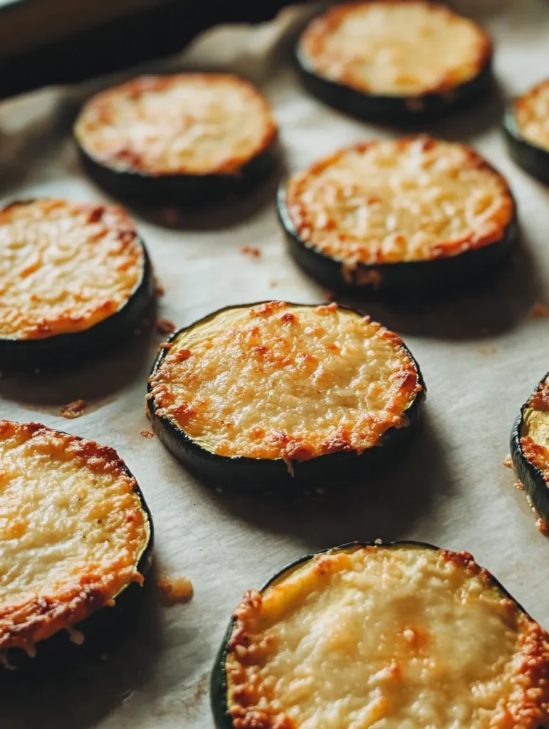 Process shots showing zucchini slices before and after adding parmesan mixture