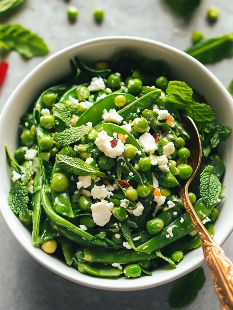 Hands tossing Spring Snap Pea Salad with lemon-mint dressing in glass bowl