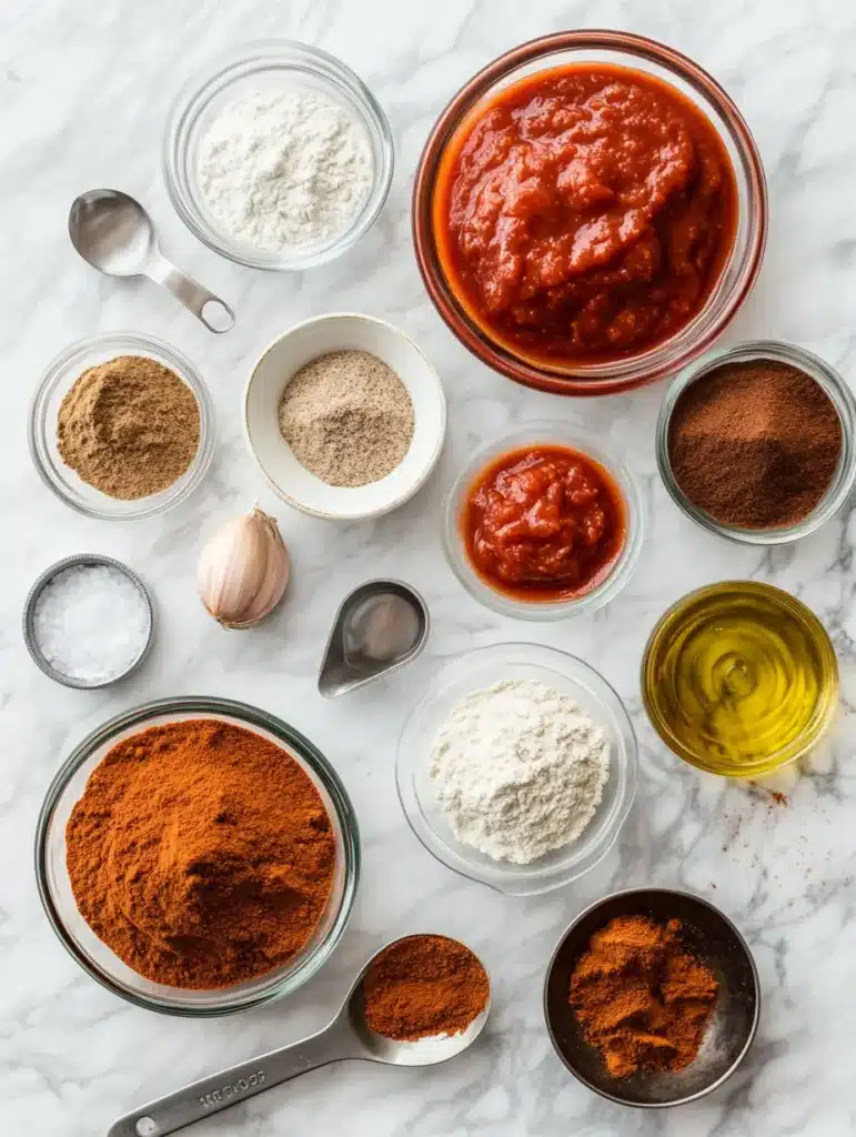 Enchilada sauce ingredients arranged including chili powder, cumin, and tomato paste