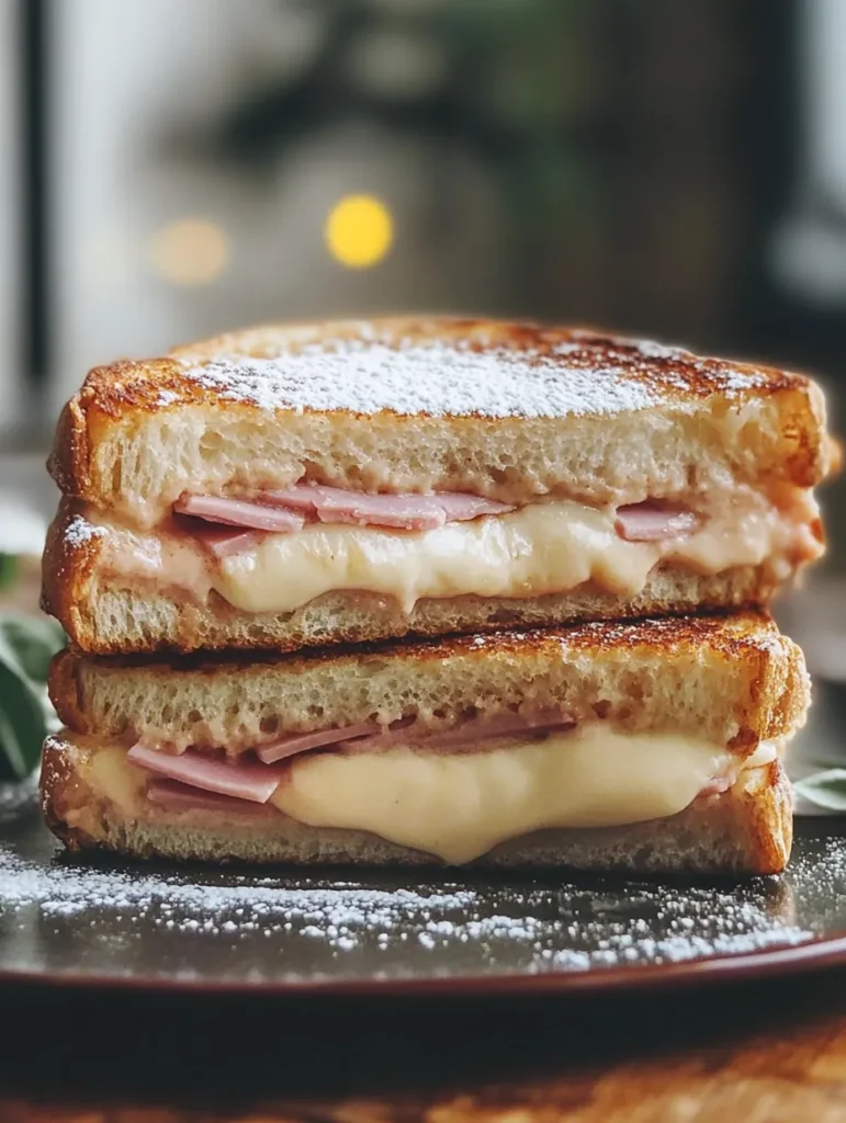 Dipping assembled Monte Cristo sandwich into egg mixture before cooking