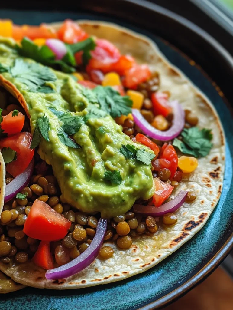 Fresh ingredients for lentil tacos including lentils, spices, avocado and cilantro