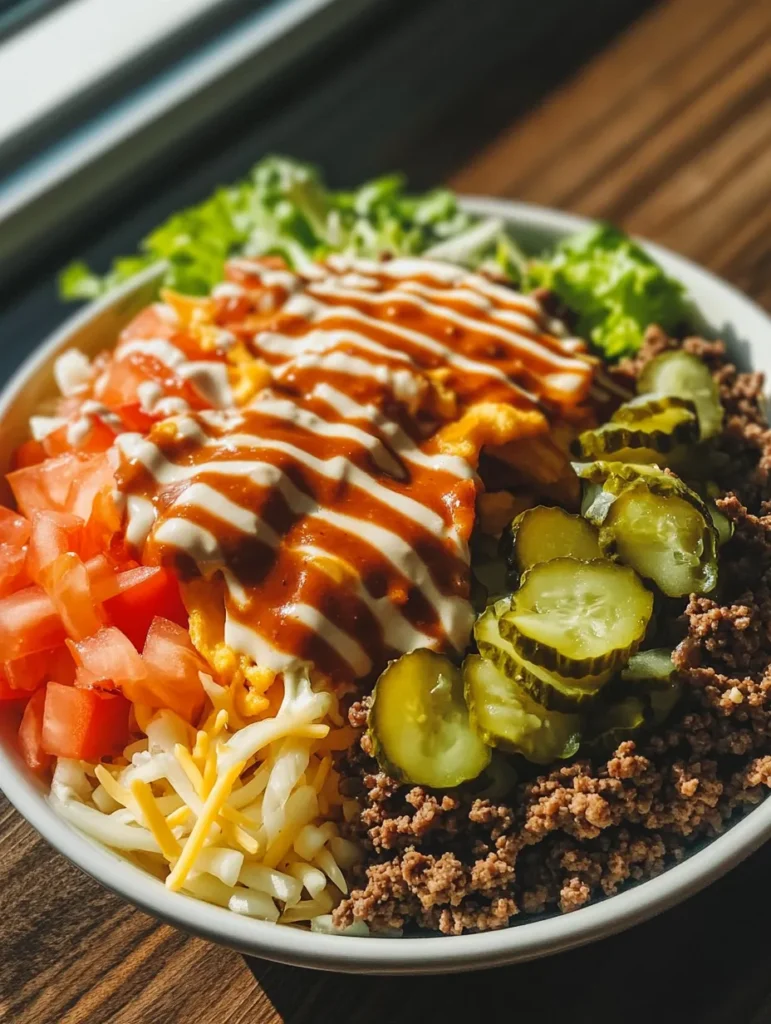 Served Deconstructed Big Mac Bowl ready to eat in white bowl