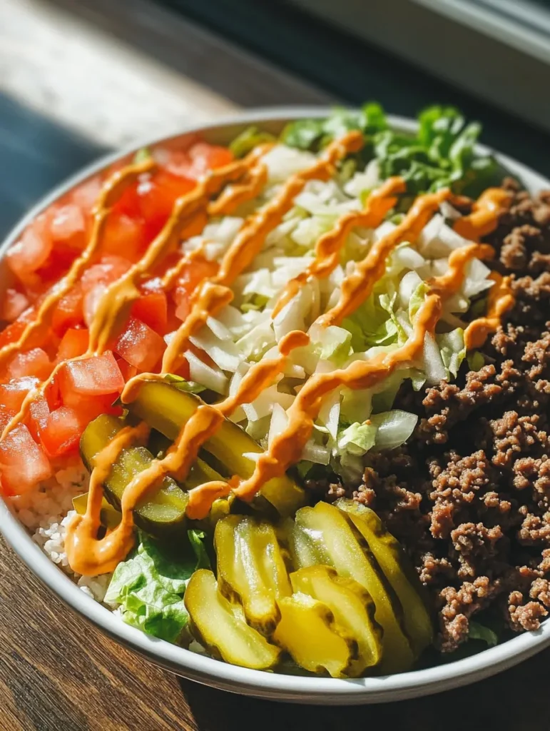 Step by step assembly of Deconstructed Big Mac Bowl with ground beef on lettuce