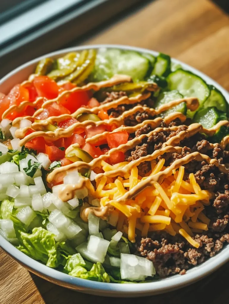 Fresh ingredients for homemade Big Mac Bowl including ground beef, lettuce, and cheese