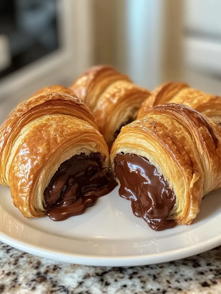 Freshly baked Nutella Stuffed Croissants on a white serving plate