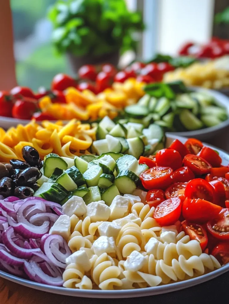 Fresh ingredients for Italian pasta salad including pasta, tomatoes, cucumber, bell pepper, olives, and mozzarella