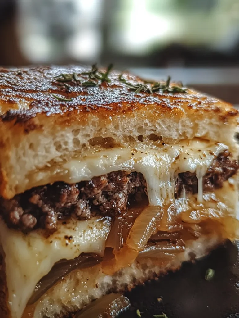 Ingredients laid out for making Parmesan Crusted Patty Melt including ground beef, rye bread, Swiss cheese and Parmesan