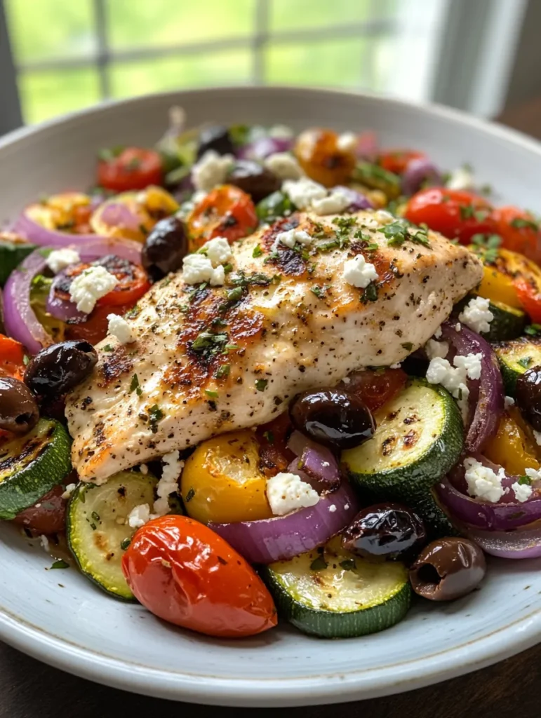 Fresh ingredients for Greek sheet pan chicken including chicken thighs, bell peppers, zucchini, cherry tomatoes, and herbs
