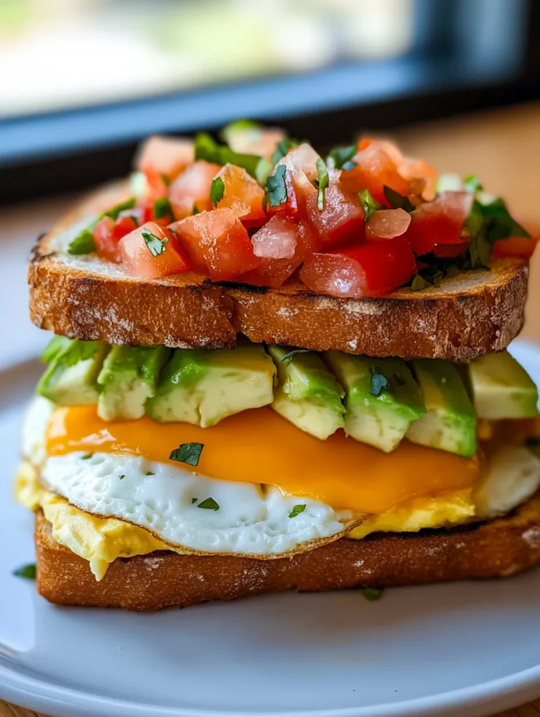 Fresh ingredients for Southwestern Avocado Breakfast Sandwich including avocado, eggs, and pico de gallo