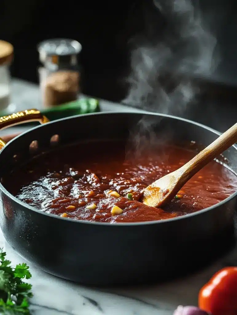 Perfect enchilada sauce consistency coating wooden spoon