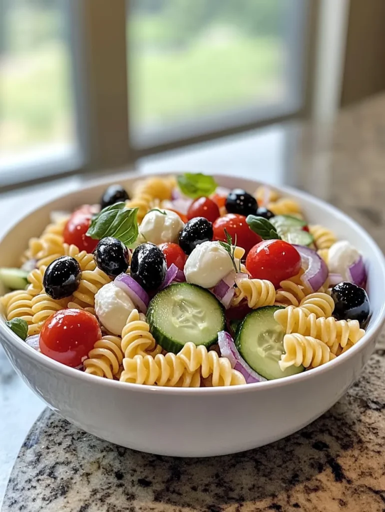 Hands mixing Italian pasta salad in large glass bowl