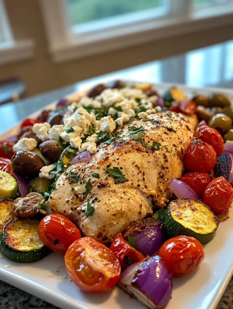 Step by step preparation of Greek sheet pan chicken showing marinated chicken and vegetables on baking sheet