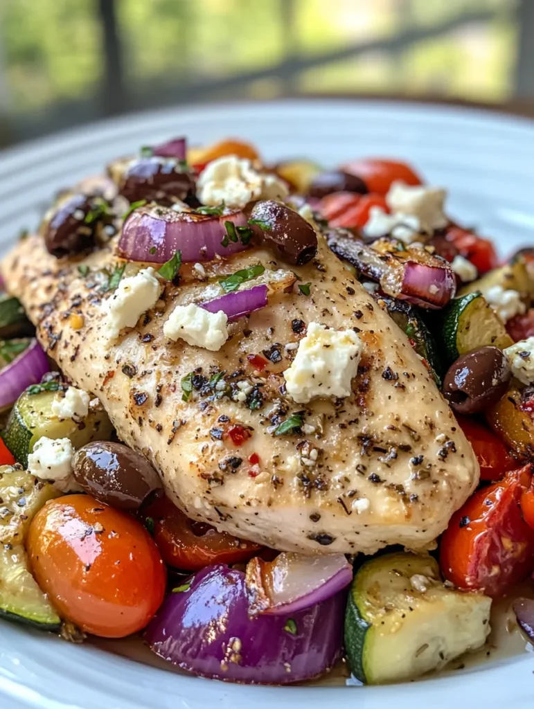 Plated Greek sheet pan chicken with feta cheese and fresh herbs on a Mediterranean table setting