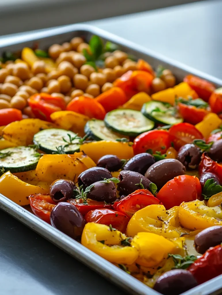 Fresh ingredients for vegan Greek sheet pan dinner including bell peppers, zucchini, chickpeas and herbs
