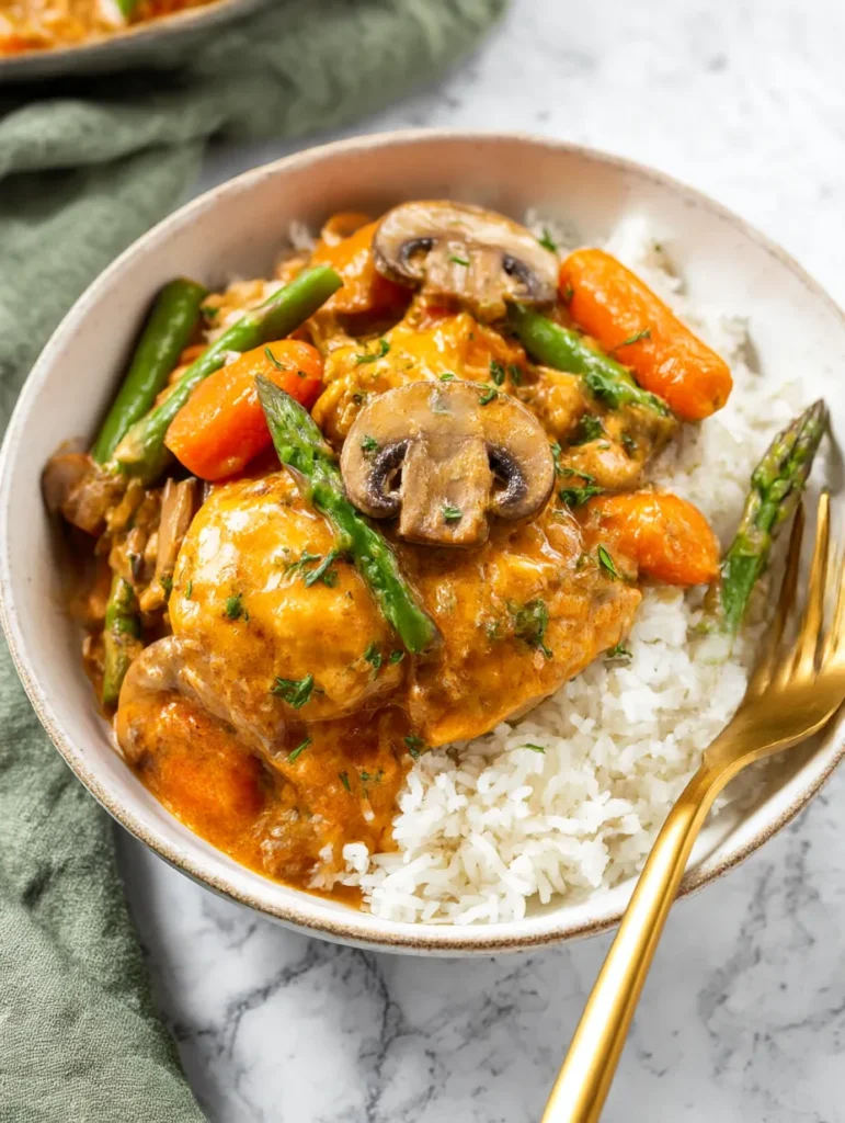 Ultimate slow cooker apricot chicken with tender thighs and vegetables in glossy apricot sauce