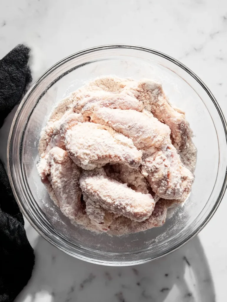 The chicken dusted with flour and seasoning in a bowl.