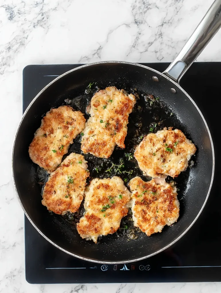 4 pieces of chicken browning in a pan.