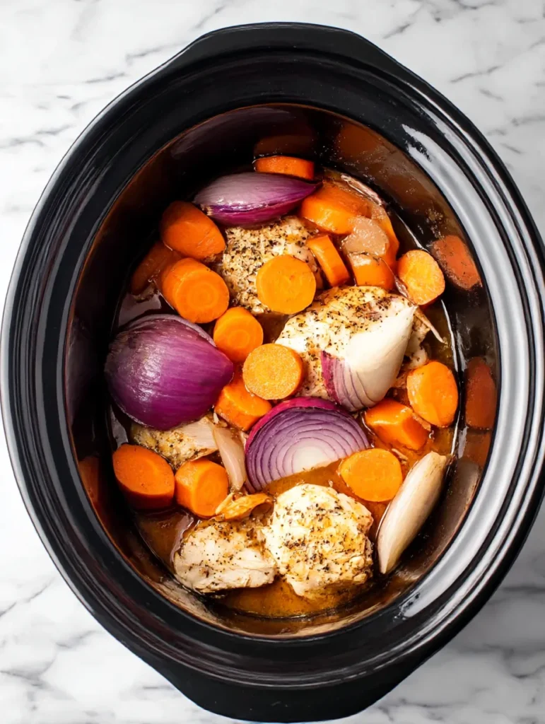 Step by step process showing chicken being browned and vegetables being added to slow cooker