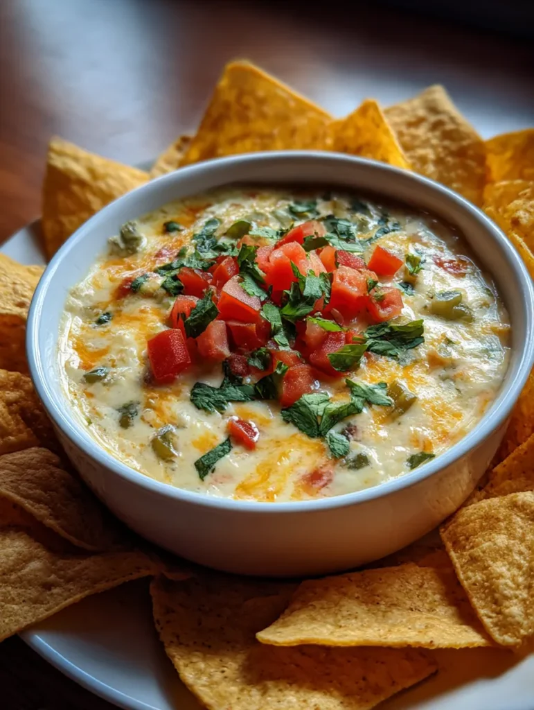 Creamy cottage cheese queso served with chips vegetables and fresh toppings