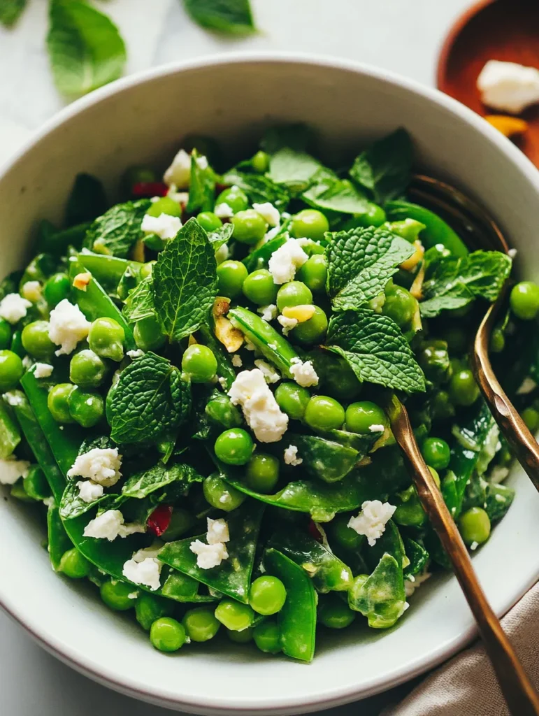 Spring Snap Pea Salad served on blue plate with grilled chicken and lemon wedge