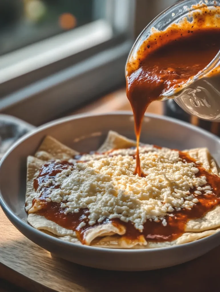 Chicken enchiladas topped with homemade red sauce, melted cheese and fresh cilantro