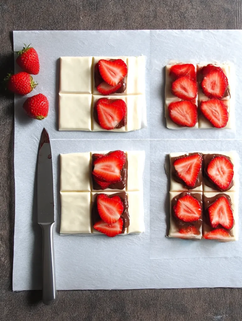 collage of two images of halved strawberries and filling puff pastry with nutella and berries.