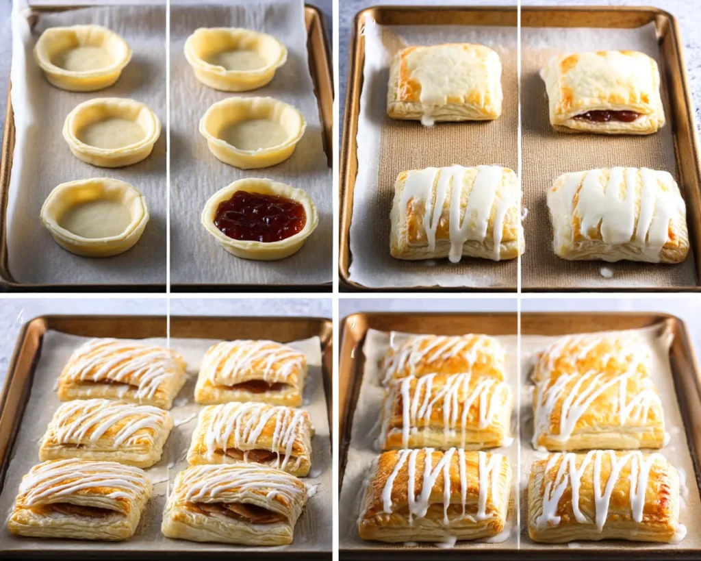 collage of four pictures showing turnovers on a tray before and after baking and glazing.