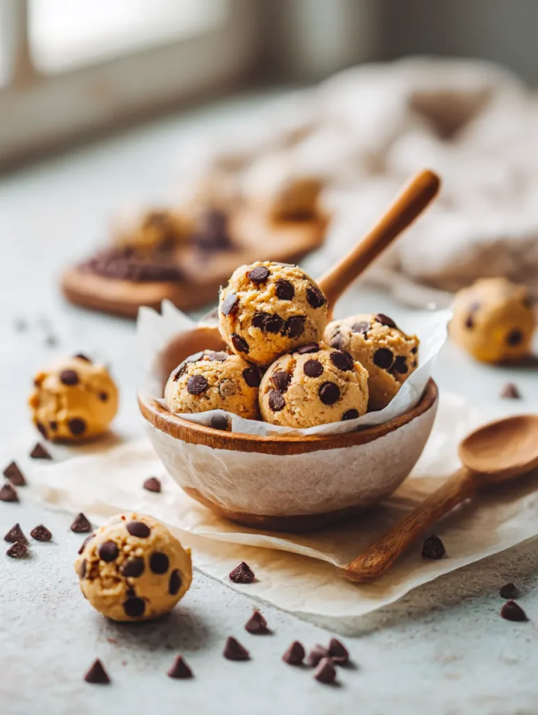 Raw ingredients for keto cookie dough including almond flour, cream cheese, butter, powdered erythritol and sugar-free chocolate chips arranged on marble surface