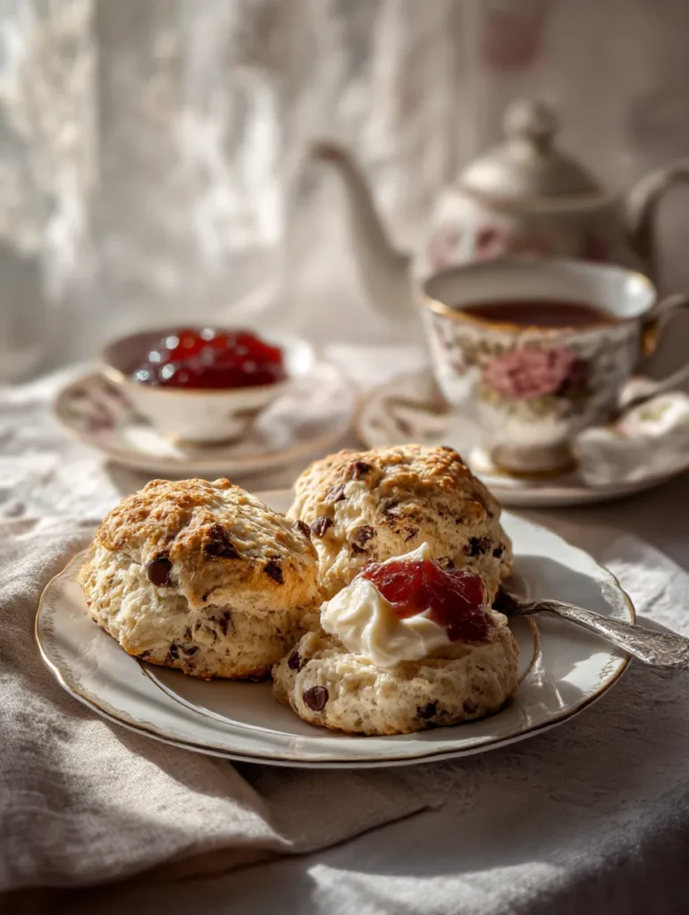 Elegant afternoon tea setting with split keto chocolate chip scones served with clotted cream, sugar-free jam and steaming cup of Earl Grey tea