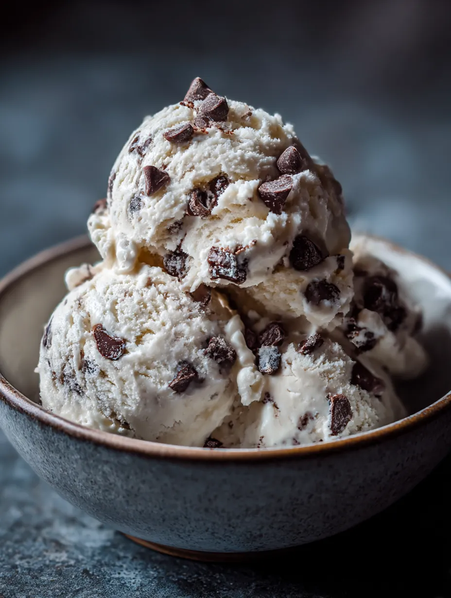 Creamy keto chocolate chip ice cream scooped in white bowl showing perfect texture with chocolate chips