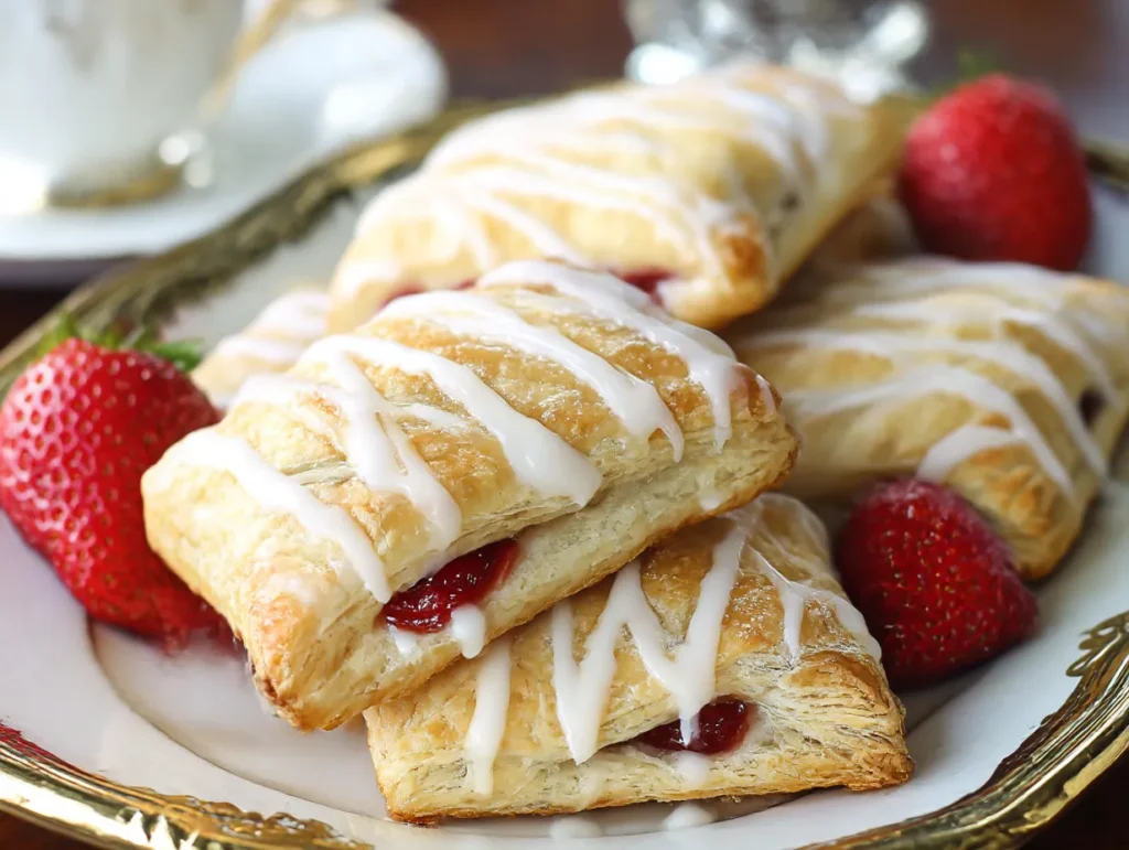 strawberry turnovers stapled on a platter and a few fresh strawberries.