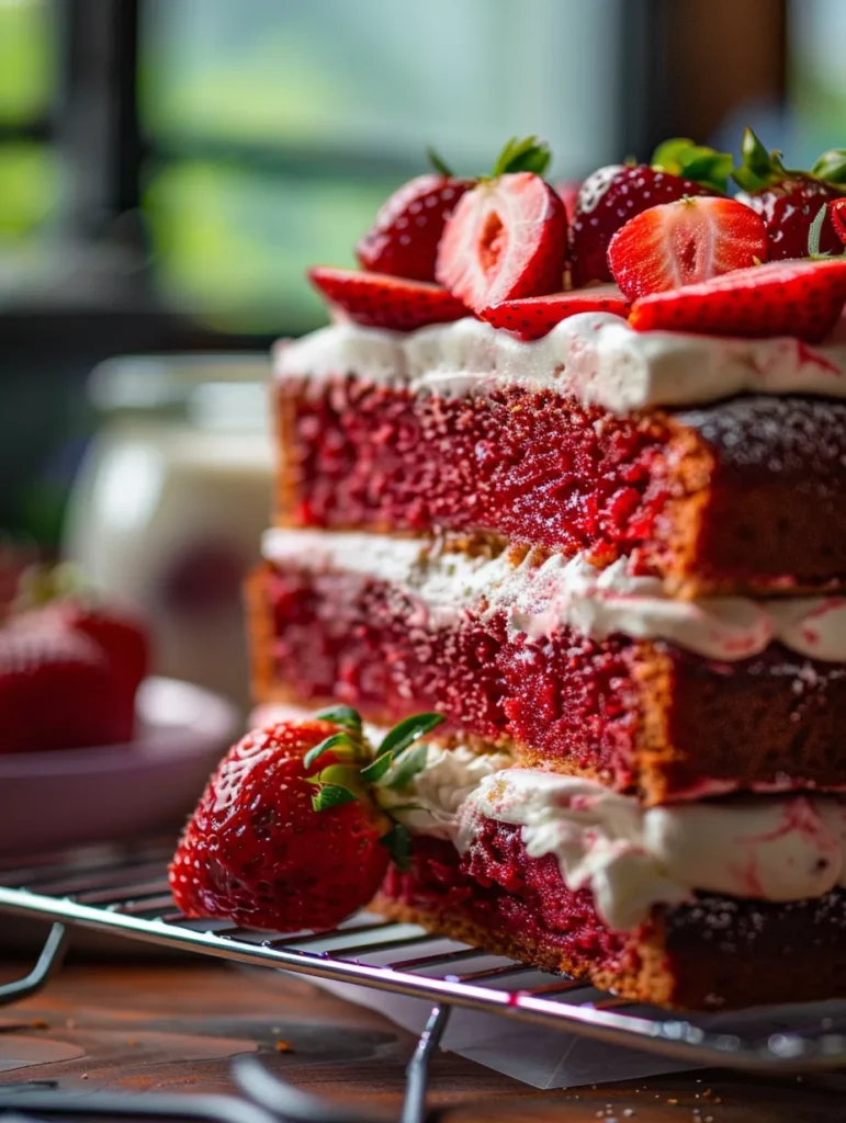 Professional strawberry cake layers cooling on racks for advanced from-scratch baking method
