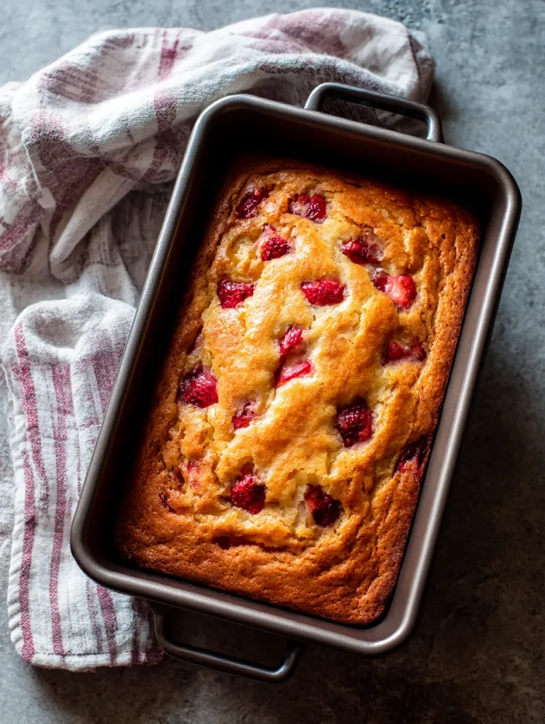 Freshly baked one bowl strawberry cake cooling in baking pan