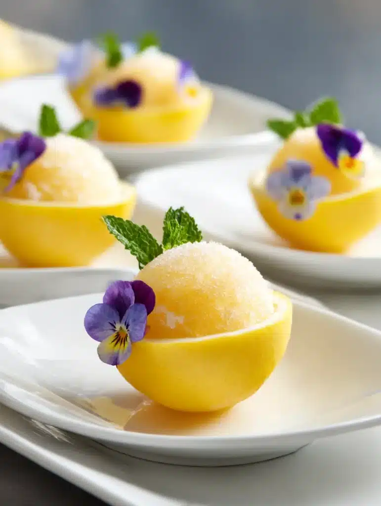 Elegant sorbet served in lemon shells with edible flowers and mint garnish