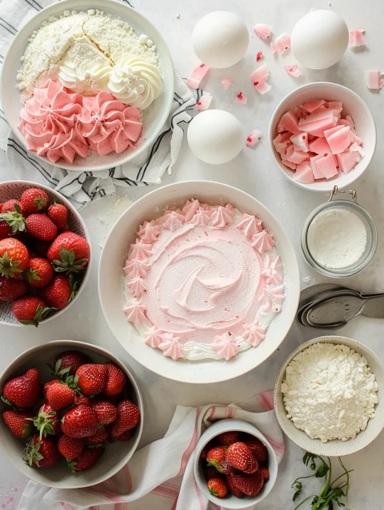 Complete strawberry cake recipe process from ingredients to finished cake showing all baking steps