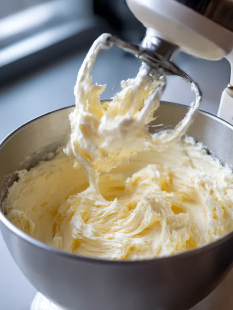 Butter and sugar being creamed to light fluffy texture for simple strawberry cake
