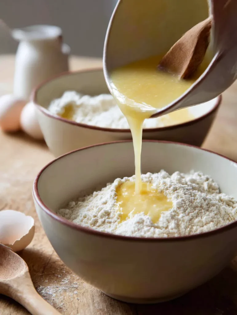 Easy strawberry cake batter being mixed by hand in simple mixing bowls