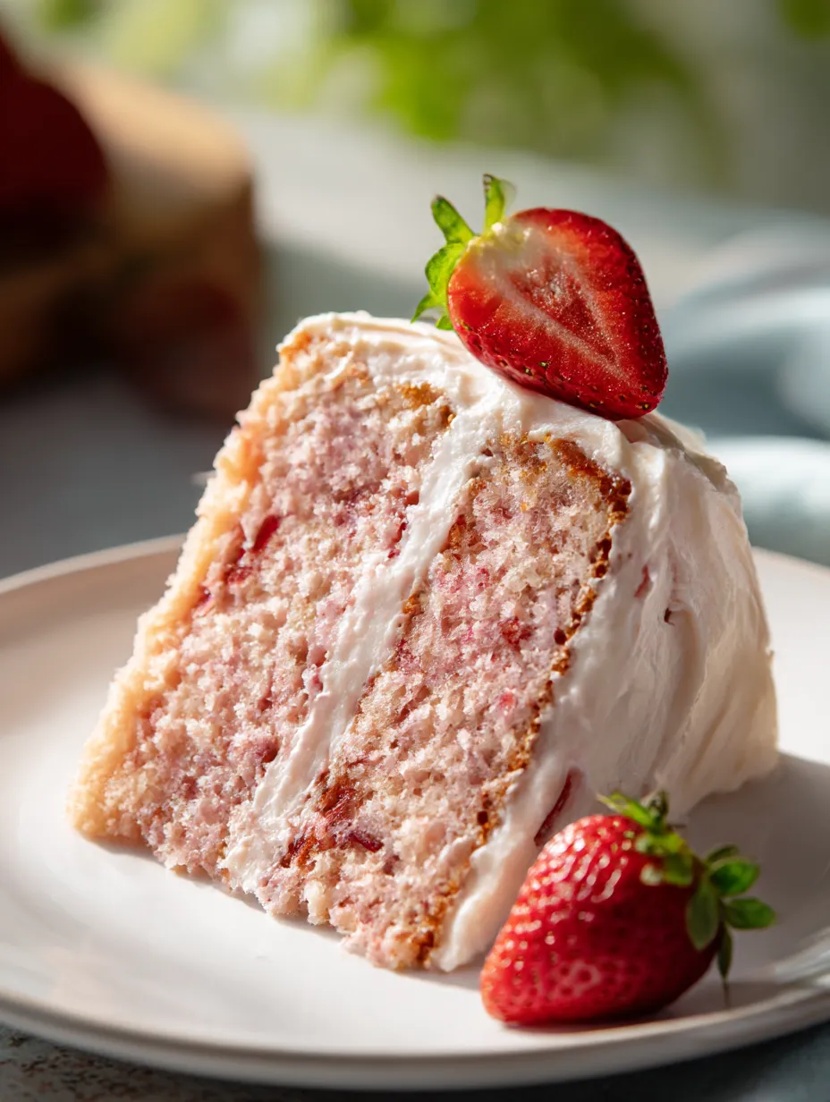 Easy strawberry cake slice with moist pink crumb and simple cream cheese frosting