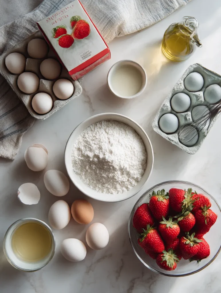 Basic pantry ingredients for easy strawberry cake recipe laid out on counter