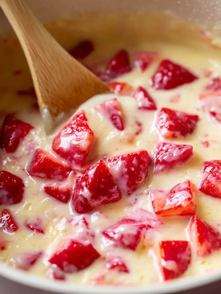Fresh strawberry pieces being folded into easy cake batter using simple technique