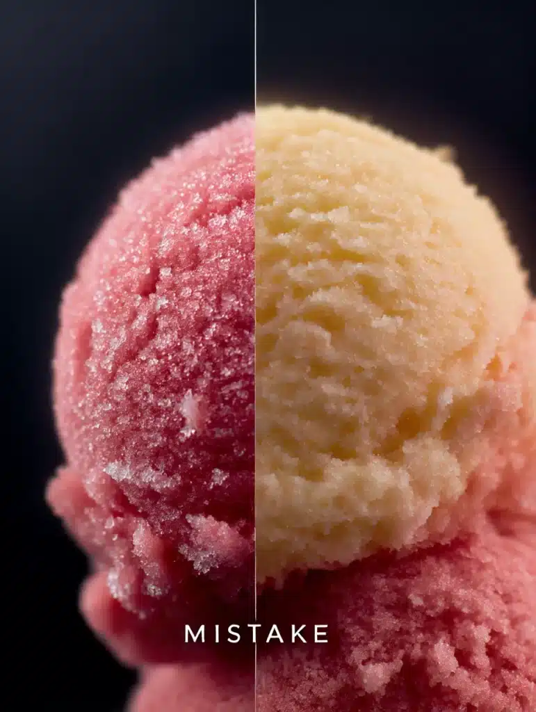 Comparison between failed icy sorbet and perfect smooth sorbet texture