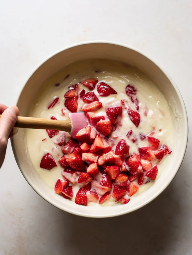 Fresh strawberry pieces being folded into simple cake batter with spatula