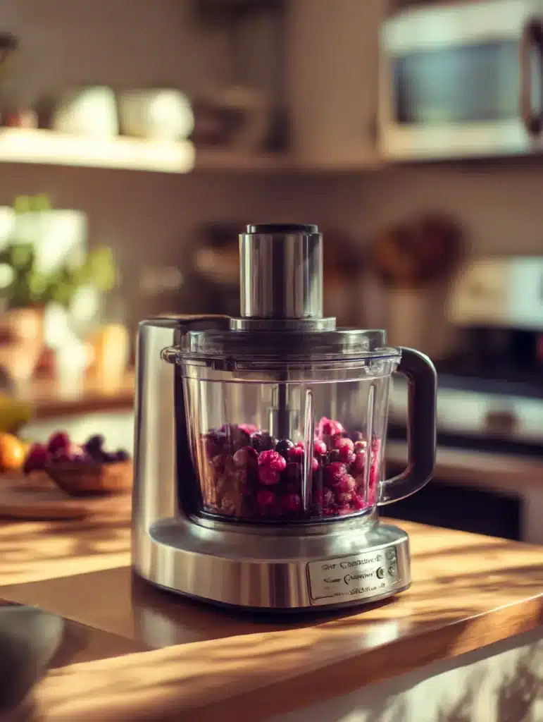 Standard food processor blending frozen grapes in realistic home kitchen counter