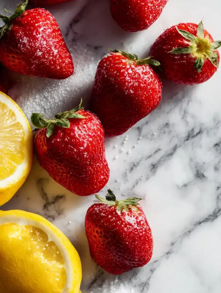 Fresh strawberries, sugar, and lemon for homemade sorbet