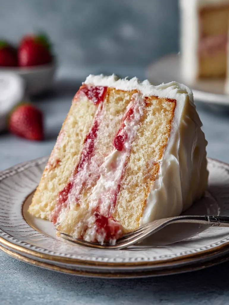 Perfect slice of from-scratch strawberry cake showing tender crumb and professional layers